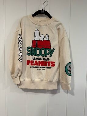 Zara Cream Snoopy Peanuts Graphic Crewneck Sweater with Red & Green Accents